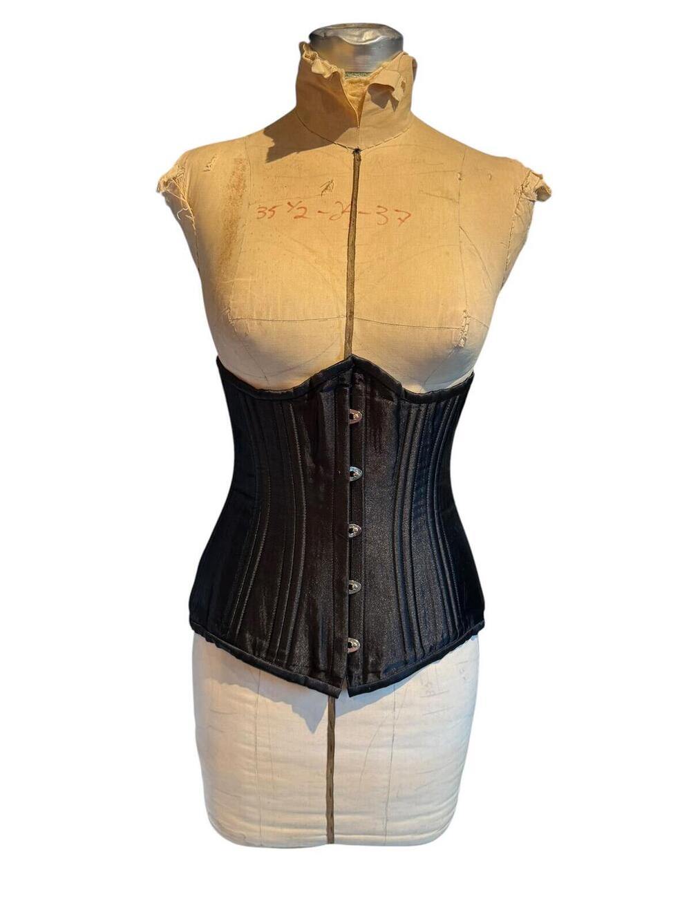 Black Satin Corset with Front Busk and Back Lace-Up